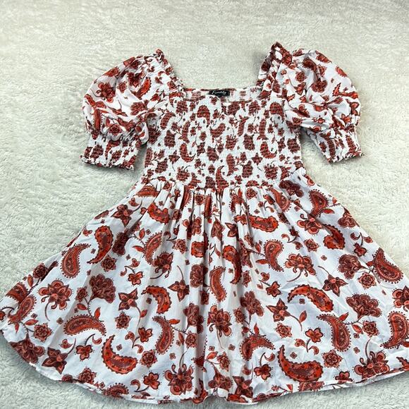 Everlily paisley patterned white and red puffed sleeve smocked milkmaid dress, L - Picture 3 of 9